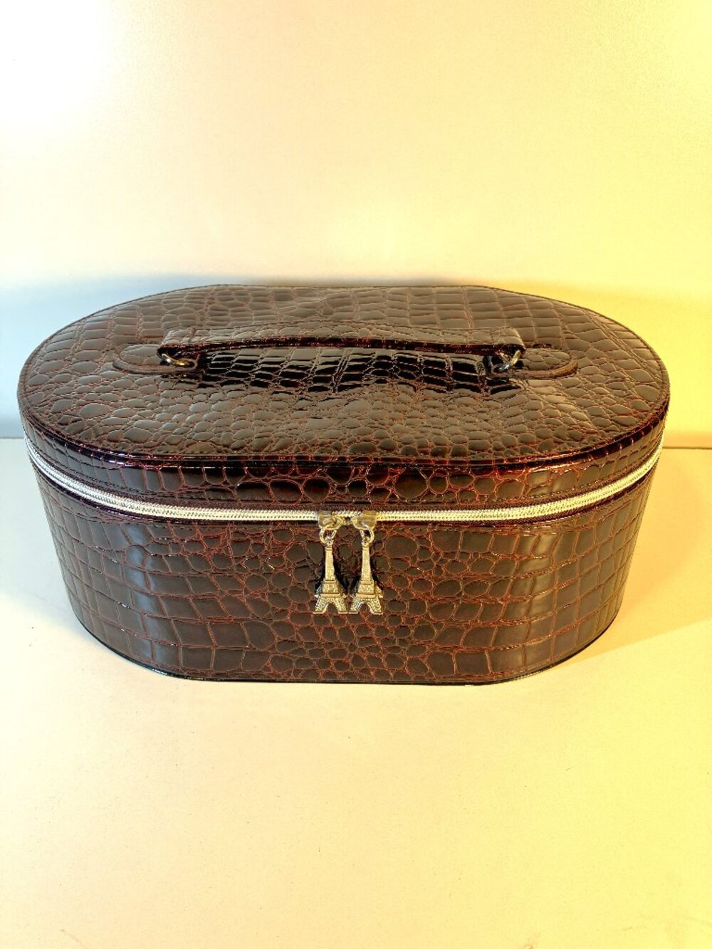 Vintage LANCOME Vanity Case.  Burgandy Faux-Crocodile Skin, Eiffel Tower Pulls.